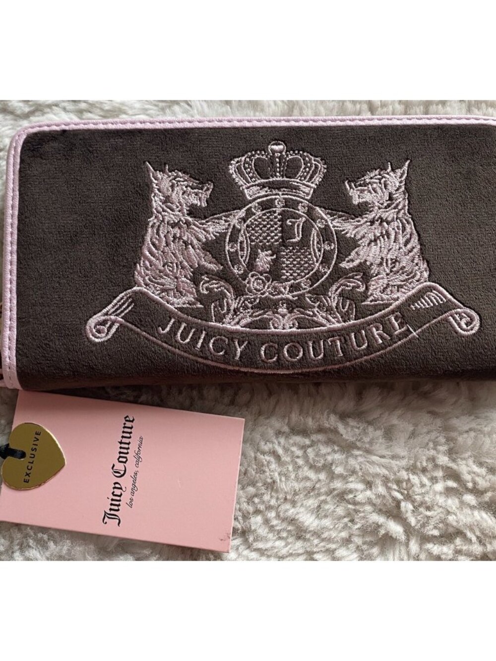 Juicy Couture Scottie Dog Large Zip Wallet Wristlet Chocolate Brown Velour NEW